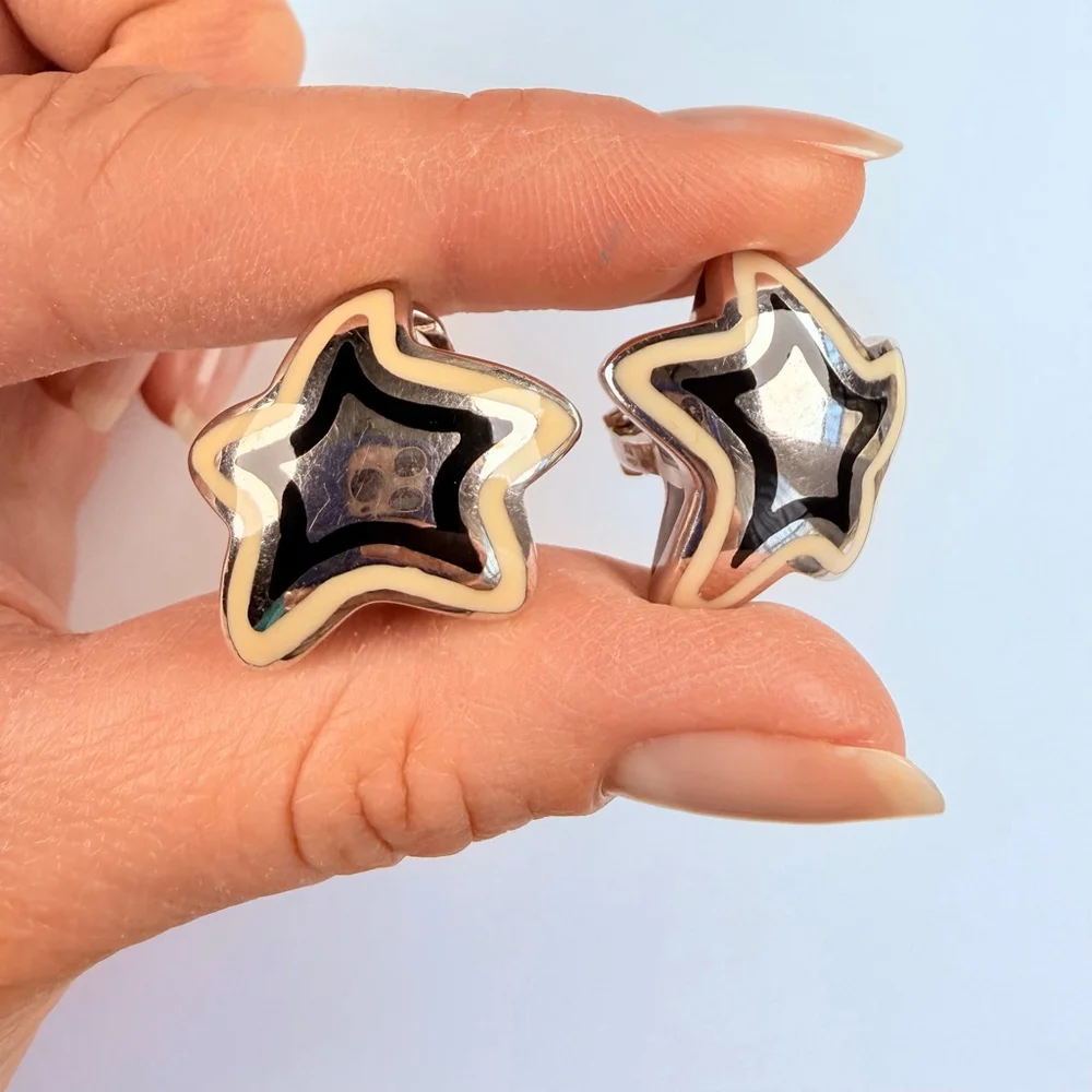 Alan K RockStar Enamel Puffy Designer Sterling Silver Star 925 Earrings Italy - Picture 8 of 11